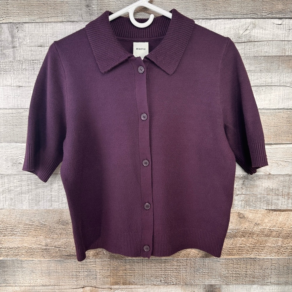 Maeve Anthropologie Womens Short Sleeve Cardigan Dark Plum Purple Collar M